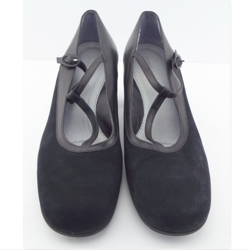 BEAUTIFEEL Black Nubuck Leather T-Strap Block Heel Pumps 39